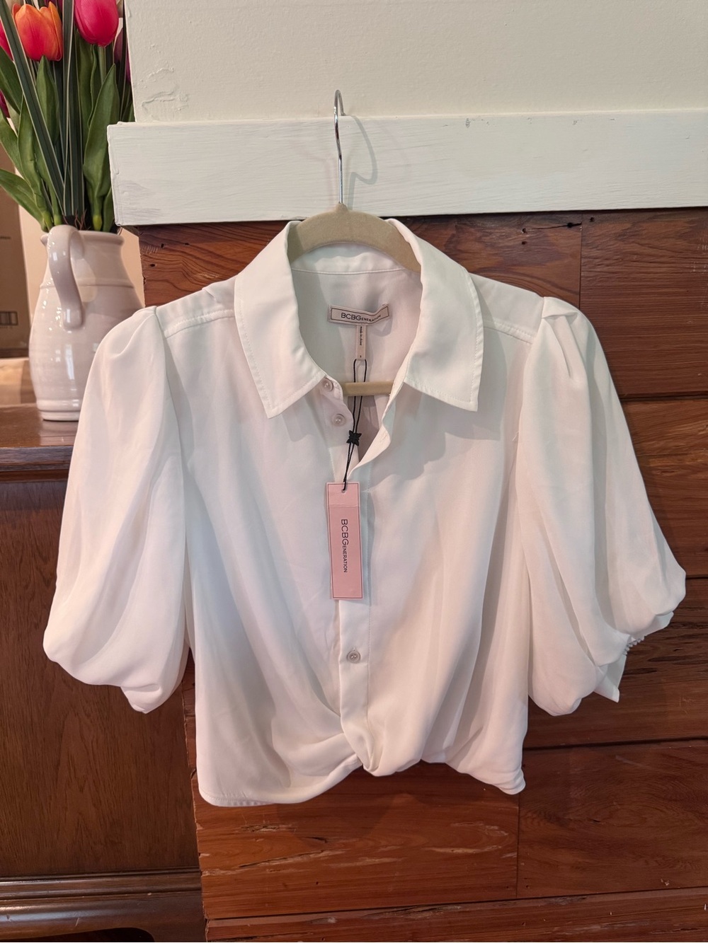 BCBGeneration White Puff Sleeve Button Front Top